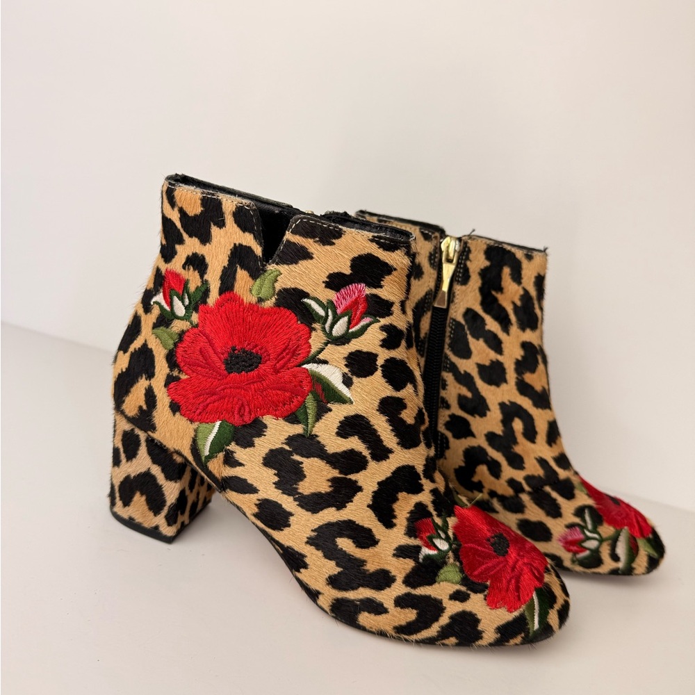 Kate Spade Langton Leopard Real Fur Calf‎ Hair Floral Embroidered Ankle Boots 6 - Picture 3 of 12